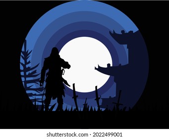 awesome landscape.vector art creation.Flat cartoon vector illustration With samurai characters.