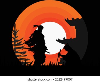 paisaje impresionante.creación de arte vectorial.Ilustración vectorial plana con personajes samurai.