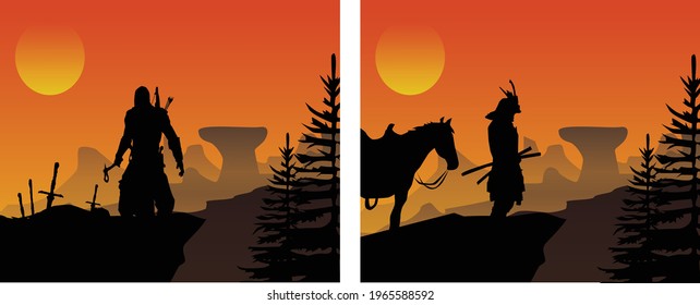 
awesome landscape.vector art creation.Samurai on top of mountain.