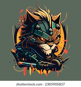 awesome logo of angry cat cyber knight simple mascot