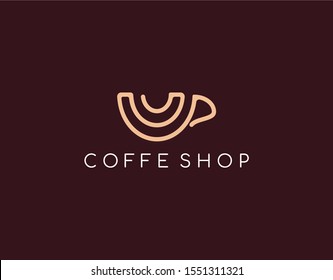 Awesome Logo of Coffee Shop in Modern Concept. Designed with Unique Mug Image in Monoline Style Isolated on Dark Brown Background. Suitable for Cafe or Coffee House Logo. Vector Illustration.