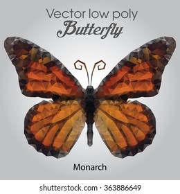 Awesome low poly butterfly - big monarch. Fashion graphics for clothes without slogan. Tee graphics, tshirt design. Isolated vector illustration on grey gradient background.