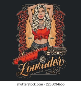 Awesome lowrider girl flyer colorful car with high hydraulic wheels and model in seductive urban culture clothes vector illustration svg