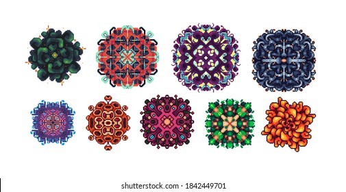Awesome mandalas set. Pixel art or knitting style. Vector illustrations