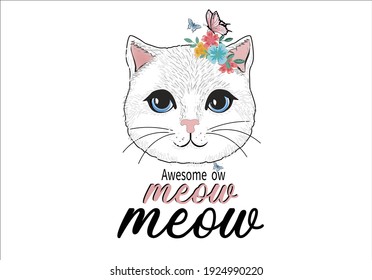 awesome meow white cat hand drawn