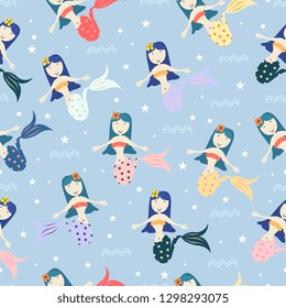 Awesome mermaid seamless pattern with childish drawing style colorful background for summer holiday kids, baby, teenager, and children fashion textile print and wrapping. Fantasy style concept.