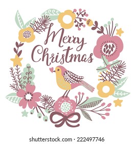 Increíble tarjeta de Navidad de Feliz Feliz en vector. Un pájaro elegante y lindo en el texto de Navidad de Feliz con un fondo floral brillante