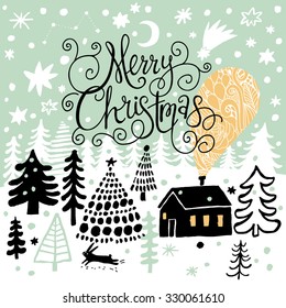 Awesome Merry Christmas card in vector. Lovely holiday background in stylish colors. Winter composition for lovely holiday designs