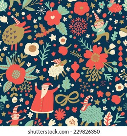 Awesome Merry Christmas seamless pattern with Santa Claus, Elves, sheep, candies, flowers and toys in vector. Seamless pattern can be used for wallpapers, pattern fills, web page backgrounds