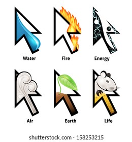Awesome mouse cursor set with elements of life. Very nice illustration of water, fire, air, earth, energy and life. Combined symbols of elements and internet web pointers.