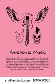 Awesome music poster with symbols of rock music like flying guitar, skull with iroquois haircut and sign of horns. Vector illustration on pink background