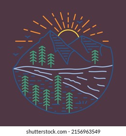 Awesome nature with river and sunrise graphic illustration vector art t-shirt design