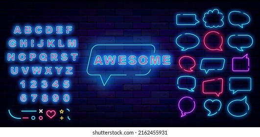 Awesome neon signboard. Shiny blue alphabet. Well done concept. Speech bubbles collection. Nightlife promotion template. Game design. Glowing effect banner. Editable stroke. Vector stock illustration