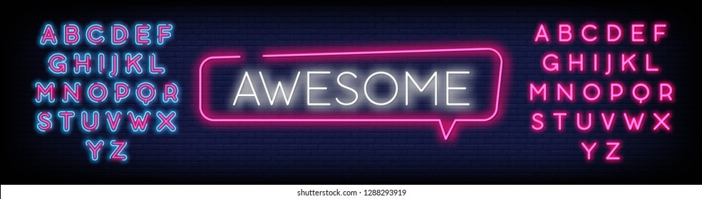 Awesome Neon Text Vector. Awesome neon sign  design template  modern trend design  night neon signboard  night bright advertising  light banner  light art. Vector illustration. Editing Text Neon Signs