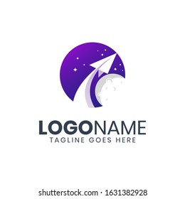 Awesome paper plane flying to the moon logo