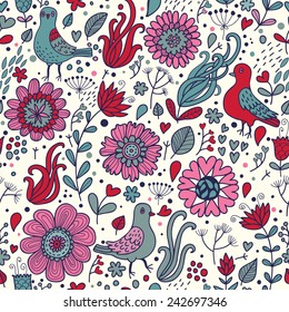 Maravillosas palomas en flores. Se puede usar un patrón sin inconvenientes para papeles pintados, rellenos de patrones, fondos de páginas web, texturas superficiales. Maravilloso fondo floral sin fisuras