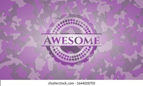 Awesome pink and purple camouflaged emblem. Vector Illustration. Detailed.