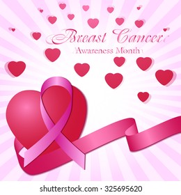 Awesome postcard with pink ribbon and hearts on pale striped background. National Breast Cancer Awareness Month. Vector illustration