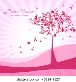 Awesome postcard with pink tree and pink ribbons and hearts as leaves on pale striped background. National Breast Cancer Awareness Month. Vector illustration