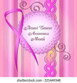 Awesome postcard in style of scrapbooking with pink ribbon, laces and vintage patterns. National Breast Cancer Awareness Month. Pink ribbon. Vector illustration