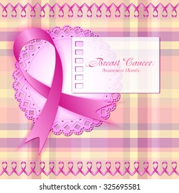 Awesome postcard in style of scrapbooking with pink ribbon, laces and rims. National Breast Cancer Awareness Month. Pink ribbon. Vector illustration