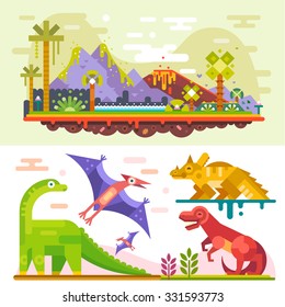 Tolle prähistorische Dinosaurier-Set mit antiker Landschaft: Tyrannosaurus - Rex, Diplodocus, Triceratops, Jurassische Landschaft.     Flaches Vektorgrafik-Stockset. 