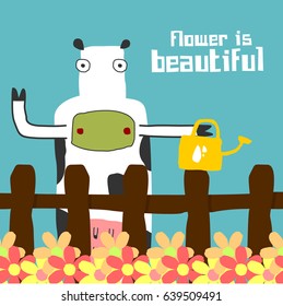Awesome Retro Cute Cow Design for t-shirt, mug, bag lunchbox, wallpaper, wrapper, poster and banner flat design for kids. vector illustration

