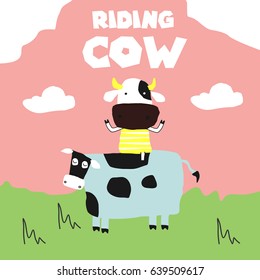 Awesome Retro Cute Cow Design For T-shirt, Mug, Bag Lunchbox, Wallpaper, Wrapper, Poster And Banner Flat Design For Kids. Vector Illustration
