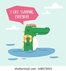 Awesome Retro Cute Crocodile Design for t-shirt, mug, bag lunchbox, wallpaper, wrapper, poster and banner flat design for kids. vector illustration
