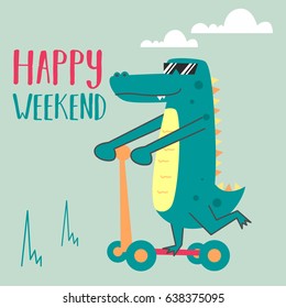 Awesome Retro Cute Crocodile Design for t-shirt, mug, bag lunchbox, wallpaper, wrapper, poster and banner flat design for kids. vector illustration
