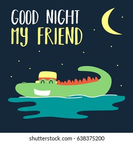 Awesome Retro Cute Crocodile Design for t-shirt, mug, bag lunchbox, wallpaper, wrapper, poster and banner flat design for kids. vector illustration
