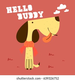 Awesome Retro Cute Dog Design for t-shirt, mug, bag lunchbox, wallpaper, wrapper, poster and banner flat design for kids. vector illustration
