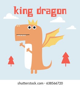 Awesome Retro Cute Dragon Design For T-shirt, Mug, Bag Lunchbox, Wallpaper, Wrapper, Poster And Banner Flat Design For Kids. Vector Illustration
