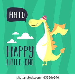 Awesome Retro Cute Dragon Design for t-shirt, mug, bag lunchbox, wallpaper, wrapper, poster and banner flat design for kids. vector illustration
