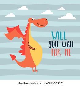 Awesome Retro Cute Dragon Design for t-shirt, mug, bag lunchbox, wallpaper, wrapper, poster and banner flat design for kids. vector illustration
