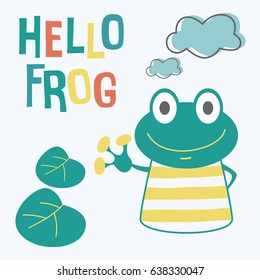 Awesome Retro Cute Frog Design for t-shirt, mug, bag lunchbox, wallpaper, wrapper, poster and banner flat design for kids. vector illustration
