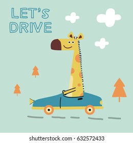 Awesome Retro Cute Giraffe Design for t-shirt, mug, bag lunchbox, wallpaper, wrapper, poster and banner flat design for kids. vector illustration
