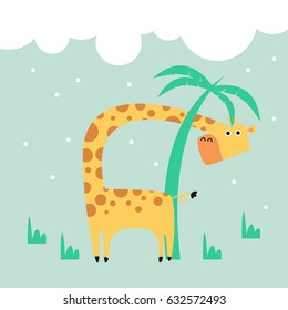 Awesome Retro Cute Giraffe Design for t-shirt, mug, bag lunchbox, wallpaper, wrapper, poster and banner flat design for kids. vector illustration

