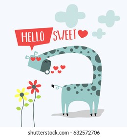 Awesome Retro Cute Giraffe Design for t-shirt, mug, bag lunchbox, wallpaper, wrapper, poster and banner flat design for kids. vector illustration
