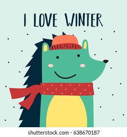 Awesome Retro Cute Hedgehog Design for t-shirt, mug, bag lunchbox, wallpaper, wrapper, poster and banner flat design for kids. vector illustration
