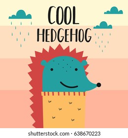 Awesome Retro Cute Hedgehog Design for t-shirt, mug, bag lunchbox, wallpaper, wrapper, poster and banner flat design for kids. vector illustration
