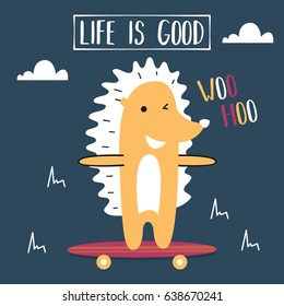 Awesome Retro Cute Hedgehog Design for t-shirt, mug, bag lunchbox, wallpaper, wrapper, poster and banner flat design for kids. vector illustration
