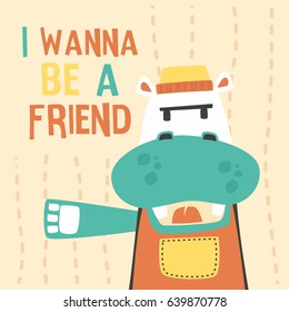 Awesome Retro Cute Hippopotamus Design for t-shirt, mug, bag lunchbox, wallpaper, wrapper, poster and banner flat design for kids. vector illustration

