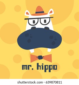 Awesome Retro Cute Hippopotamus Design for t-shirt, mug, bag lunchbox, wallpaper, wrapper, poster and banner flat design for kids. vector illustration
