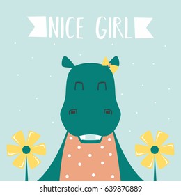 Awesome Retro Cute Hippopotamus Design for t-shirt, mug, bag lunchbox, wallpaper, wrapper, poster and banner flat design for kids. vector illustration

