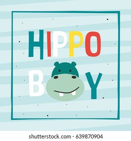 Awesome Retro Cute Hippopotamus Design For T-shirt, Mug, Bag Lunchbox, Wallpaper, Wrapper, Poster And Banner Flat Design For Kids. Vector Illustration
