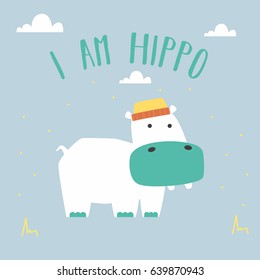 Awesome Retro Cute Hippopotamus Design for t-shirt, mug, bag lunchbox, wallpaper, wrapper, poster and banner flat design for kids. vector illustration
