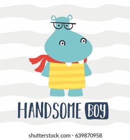 Awesome Retro Cute Hippopotamus Design for t-shirt, mug, bag lunchbox, wallpaper, wrapper, poster and banner flat design for kids. vector illustration
