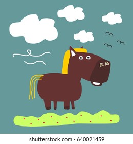Awesome Retro Cute Horse Design for t-shirt, mug, bag lunchbox, wallpaper, wrapper, poster and banner flat design for kids. vector illustration
