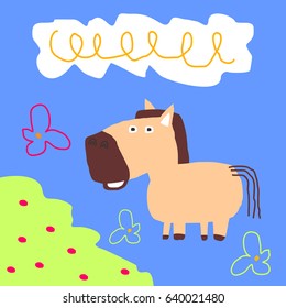 Awesome Retro Cute Horse Design for t-shirt, mug, bag lunchbox, wallpaper, wrapper, poster and banner flat design for kids. vector illustration
